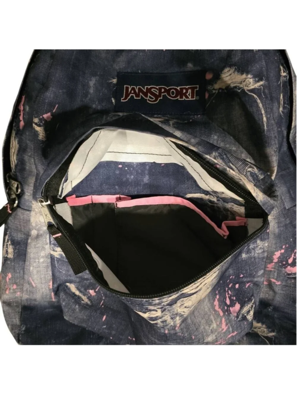 Jansport Superbreak Nylon Backpack Blue Pink Distressed Denim Look Front Zipper
